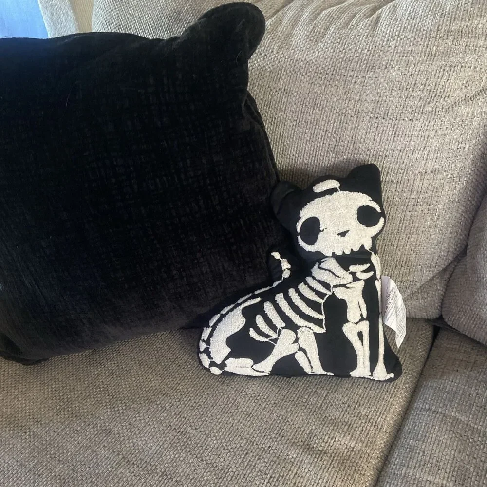 Black & White Skeleton Cat Decorative Pillow Plush Embroidered Fall Halloween